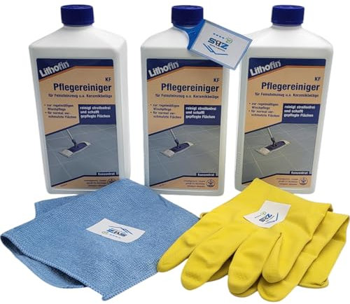 zbs24 Lithofin KF Pflegereiniger, regelmäßige Reinigung für allgemeine Verschmutzungen, auf keramischen Fliesen und Feinsteinzeug, inkl. Latex Handschuhe Gr. 8 und Microfasertuch 30x30cm (3 x 1 Liter)