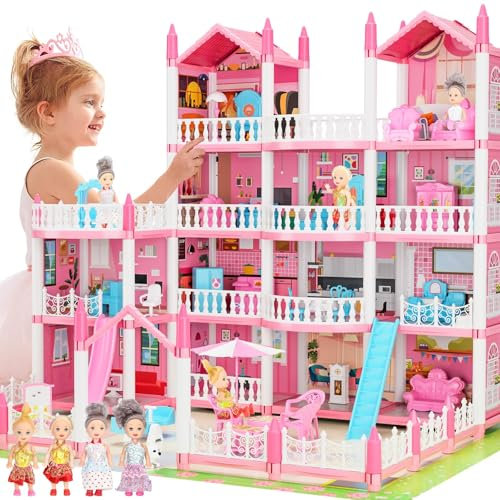 Case delle Bambole Rosa per Bambine, Casa dei Giochi a 4 Piani e 15 Stanze con 4 Bambole e Accessori per Mobili e Luci Lampeggianti, Casa delle Bambole Principessa Regalo per 3 4 5 6 7 8 Anni