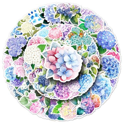Hydrangea Stickers for Boys Girls Teens,Waterproof Vinyl Stickers for Phone Laptop Flasks Water Bottle Luggage Cup Bike Car Notebook Scrapbook, Exquisite Cartoon Flowers Decals Pack[Hydrangea-50Pcs]