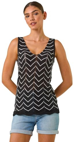 Roman Chevron Stripe Knit Top for Women UK - Ladies Spring Everyday Summer Holiday V-Neckline Comfy Sleeveless Soft Lightweight Shirt Beach Vacation Vests - Black - Size 12