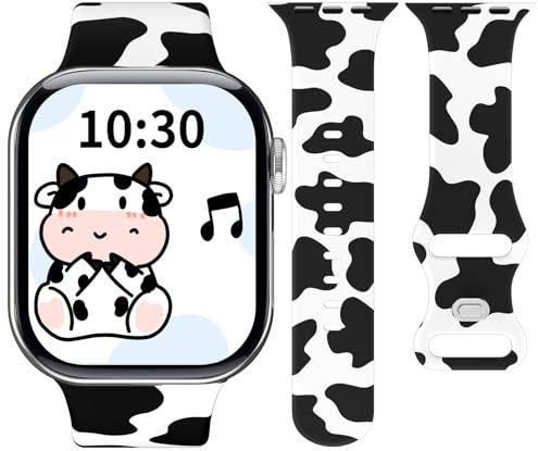 Micnkifo Armband Kompatibel mit Apple Watch Armband 44mm 45mm 46mm 49mm, Silikon Sport Bunte Gedruckte Leopard Muster Weihnachten Band für iWatch Series 11 10 9 8 7 6 5 4 SE Ultra 3 2 1, Kühe