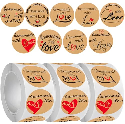 Kraft Etiketten Aufkleber, 1500 Stück Geschenkaufkleber, Rund Handmade Aufkleber, Etiketten Marmelade, Kraft Selbstgemacht mit Liebe Aufkleber, für Geschenktüten Marmeladenglas Umschlag