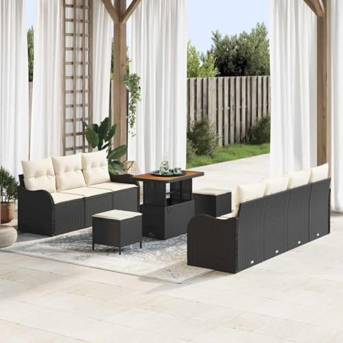 Mandloder Garten-Sofa-Set 10-teilig Schwarz Poly-Rattan, Akazienholz, Outdoor-Möbel für Terrasse, Balkon, große Sitzgruppe, langlebig