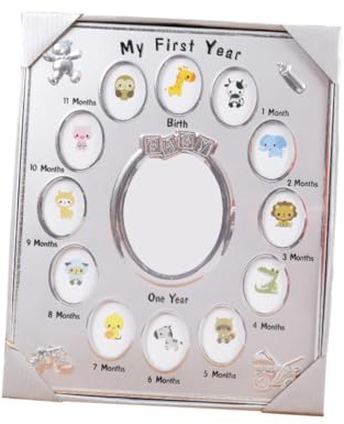 HOODANCOS Fotorahmen „mein Erstes Jahr“ 30x25cm Silber mit Tischaufsteller Erinnerungsrahmen für 12 Monate Geschenk zur Geburt und Babyparty