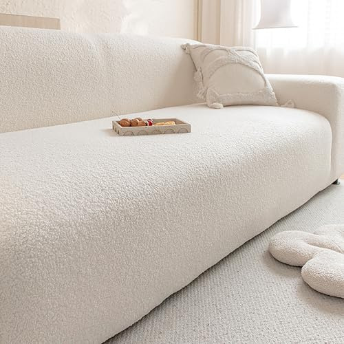 Stretch-Couchbezug mit elastischer Unterseite, weicher, Dicker Sofabezug aus Teddyplüsch für 1-5-Sitzer, waschbarer, Rutschfester und kratzfester Möbelschutz für Kin beige 3-Seater(190-230cm/75-91in)