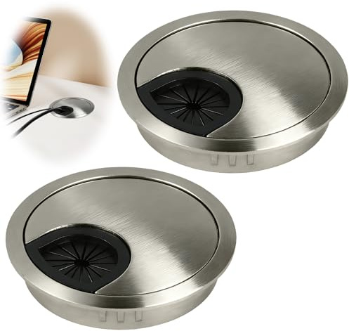 2 Pack 60mm Desk Grommet Kit en Alliage de Zinc, Organiseur de Câbles | Cache de Câble pour Bureau Informatique, Cache de Fils Rond pour Bureau à la Maison, 2.3 Pouces Argent Brossé