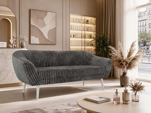 MKS MEBLE Sofa PIRS 3-Sitzer - Skandinavisches Design Couch, Gesteppte Polsterung, Wellenfederung, bequemes Polstersofa für Wohnzimmer - Weiße Beine, Dunkelgrau Cord