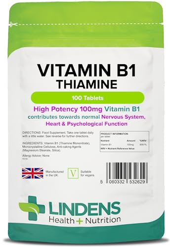 Lindens Vitamin B1 Thiamine Tablets - 100 Pack - for Heart, Immune and Psychological Function & Energy Release - UK Manufacturer, Letterbox Friendly