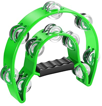 Flexzion Tamburin, Handtrommel - 25cm Schellenkranz mit Handgriff, Musik Schlaginstrument, zweireihig Schellenring in Halbmond-Form Rahmen, mit 20 Paar Metall Schellen, für KTV & Party, Grün