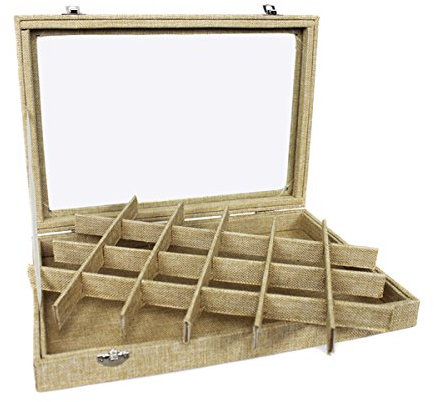 Schmuckkasten Schmucklade Schaukasten Schmuckdisplay mit GlasdeckelJute Look (24 Fächer)