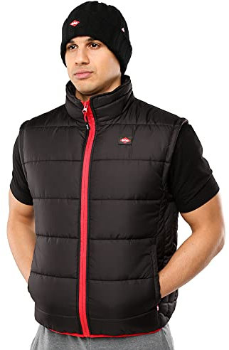 Lee Cooper Workwear Mens Work Safety Lightweight Padded Vest Gilet Bodywarmer With Contrast Stitching, Black, Large