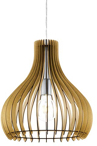 EGLO Pendelleuchte Tindori, 1 flammige Hängelampe Vintage, Hängeleuchte aus Stahl und Holz in Nickel-Matt, Ahorn, Esstischlampe, Wohnzimmerlampe hängend mit E27 Fassung, Ø 38 cm