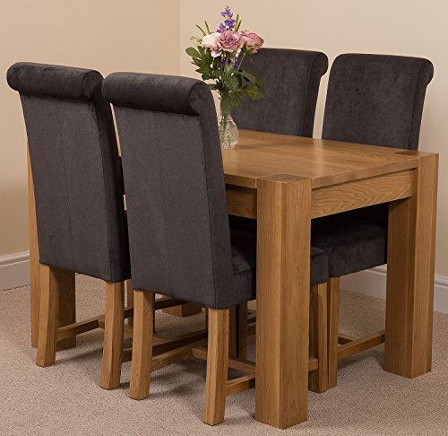 Oak Furniture King Solid Oak Dining Table & Chairs Set 4 Seater Kitchen Dining Set – Kuba 125 x 80 cm Wooden Table & Washington Upholstered Black Fabric Chairs, Natural Finish