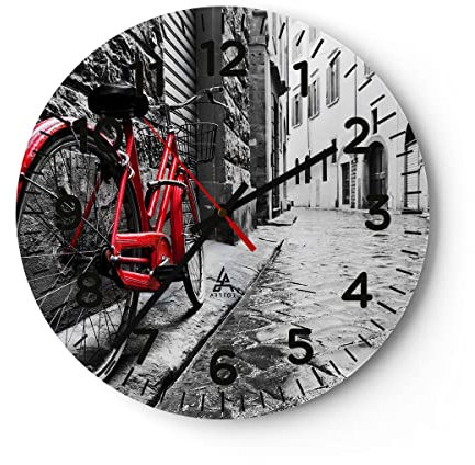 Modern Wanduhr Straße Fahrrad Kopfsteinpflaster Gebäude 30x30cm Rund Klein Wand Uhr Glas Analog Zimmeruhren Küche Büro Wohnzimmer Glasuhr Wall Clock Dekoration Design Küchenuhr C4AR30x30-3186