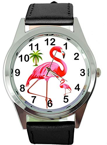 Runde Quarzuhr aus schwarzem Leder für Flamingo-Fans