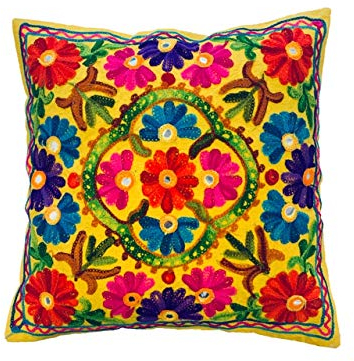 Kissenbezüge, dekorativ, Bestickt, Mandala-Blumenmuster, Ethno-Boho-Kissenbezug, Leuchtend bunter Bohemian-Bezug für Sofa, Couch, handgefertigter Schlafzimmer, Wohnzimmer, 40 x 40 cm (16 x 16 Zoll)