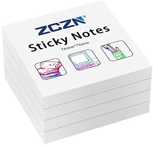 ZCZN 76 x 76 mm Sticky Notes, 100 Sheets/Pad, 4 Pads, White