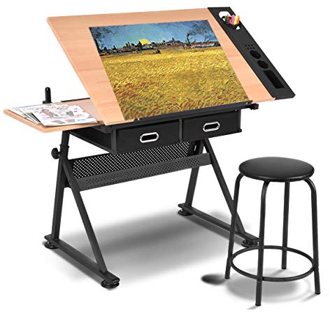 DREAMADE Zeichentisch-Set, Architektentisch Schreibtisch, Schülerschreibtisch Bürotisch Höhenverstellbar Neigungsverstellbar, mit Schubladen und Hocker, Holz