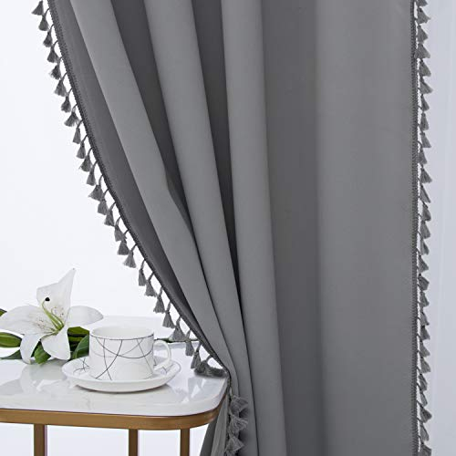 WONTEX Pom Pom Verdunkelungsvorhänge für Schlafzimmer und Wohnzimmer, 132 x 182 cm lang, Silbergrau - Wärmedämmung/Sichtschutz Ösenschal Paneel, Fenstervorhänge 2er Set