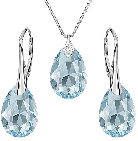 Panda-Jewellery Ohrringe Silber 925 Hängend - Kette Damen mit Anhänger - Schmuck Set für Sie - mit Kristallen - Ohrringe Hängend und Halskette Damen Silber 925 in Form eines Tropfes (Aqumarine)