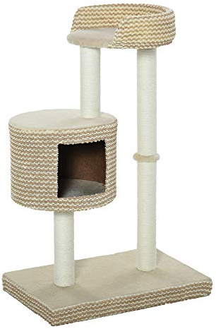 PawHut Árbol Rascador para Gatos Árbol de Actividades para Gatos con Cueva de Felpa Postes de Yute Plataforma Cómoda 61x41x96 cm Beige y Café