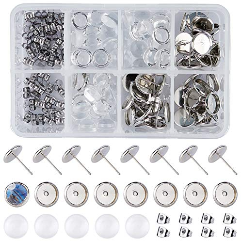SUNNYCLUE 180 Stück 8 mm Edelstahl Flache Runde Ohrstecker Komponenten 60 Stück Glas Cabochon Ohrring Einstellung & 60 Stück Ohrring Einstellung Tablett & 60 Stück Ohrstecker Zurück Für Schmuck