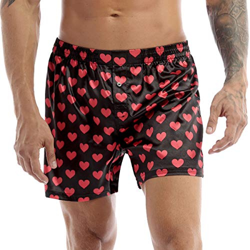Choomomo Herren Soft Boxershorts Locker Herz Print Trunks Boxer Briefs Satin Unterhosen Kurze Hose Pants Strandshorts Unterwäsche A Schwarz L