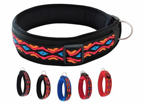 BUDDYPACK-Halsband Extra-Breit & Weich mit Neopren-Polster für Kleine und Große Hunde (Schwarz-Orange-Rot-Blau, Größe S/M)