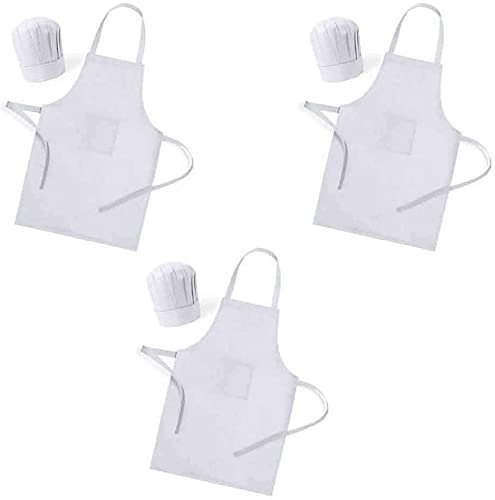 Deliex Set 10 Delantales infantiles + Gorros de Cocina en color blanco con bolsillo - Delantal para Niños y Niñas Juveniles en material Non-Woven y Talla Única (10)