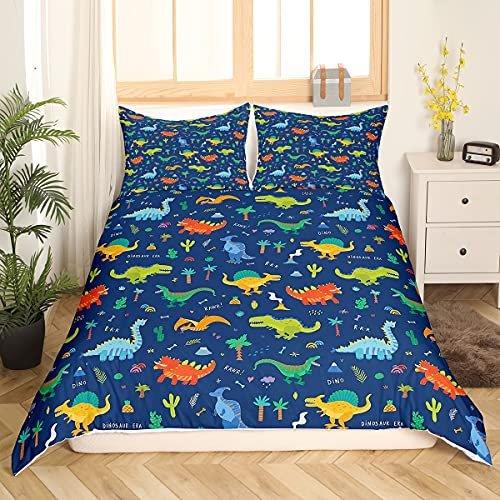 Homemissing Kinder Dinosaurier Bettbezug Set Jungen Mädchen Niedlich Karikatur Dino Bettwäsche Set 135x200cm Kinder Dschungeltier Dinosaurier Dekor Betten Set Mikrofaser Blau Wild Schlafzimmer