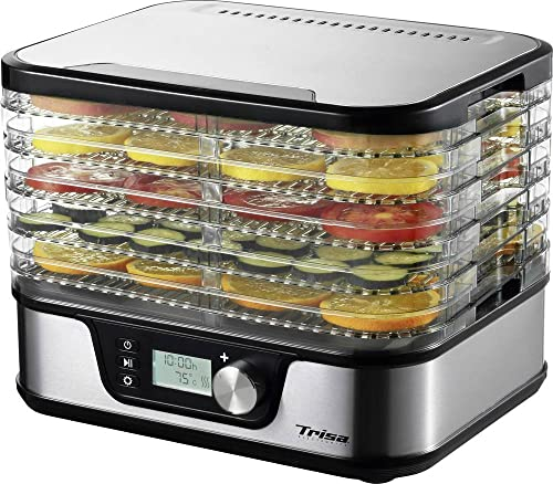 Trisa Dörrautomat - 5 stapelbare Racks für Obst, Gemüse, Kräuter & Pilze, 1 Netz, Zirkulationslüfter, LC-Display, Temperaturregelung 35-75°C, einstellbare Trocknungszeit 1-24 Stunden