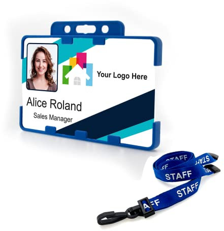 Badgemaster Diagonal Style Multi-Coloured Blue Stripes Your Logo Business Professional Photo ID Blue Rigid Card Holder and Blue Staff Lanyard CR80