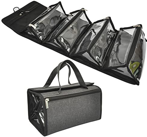 Large Capacity Hanging Eco Polyester Travel Toiletry Bag Makeup Cosmetic Bag 4-in-1 Roll-Up Make Up Storage Organizer with 4 Detachable Removable Carry On Zipper Clear PVC Pouches & Hook