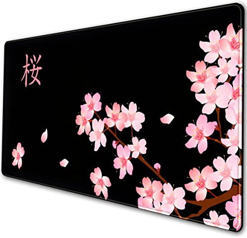 Cherry Blossoms Grand tapis de souris de gaming avec base en caoutchouc antidérapante avec bords cousus XXL Noir 80 x 40 cm