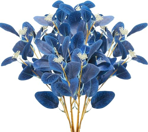 GTIDEA 6 Stück künstliche Eukalyptus-Stiele, blau, künstliche Eukalyptusblätter, Spray, grüne Stiele, Zweige mit Samen, Blumenarrangement, Partydekoration