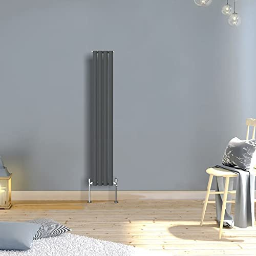 Warmehaus Anthracite Modern Radiator Vertical Oval Single Panel 1600x236mm | Slimline Designer, Wall Mounted or Floor Standing Radiators, Central Heating, Mild Steel, Bathroom Column Radiator
