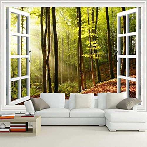 Fototapete 3D Effekt Fenster Bäume Wald Tapeten 3D Effekt Vliestapete Wohnzimmer Schlafzimmer Wandbilder Wanddeko