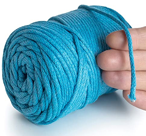MeriWoolArt® Makramee Garn Türkis Blau 4 mm x 85 m Baumwollkordel, recyceltes weiches Baumwollgarn für das Stricken von Pflanzenhängern, Schmuckherstellung, Häkeltaschen