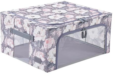 Periea ‘Beau’ Folding Collapsible Stackable Fabric Home Storage Boxes with Steel Frames (Floral Grey, Medium)