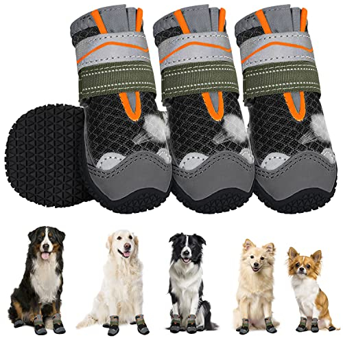 Eyein Hundeschuhe Pfotenschutz, 4 Stück atmungsaktiv Hundeschuhe mit Rutschfester Sohle und reflektierendem Klettverschluss für kleine, mittlere und große Hunde, Sport im Freien, Schwarz, Größe 8