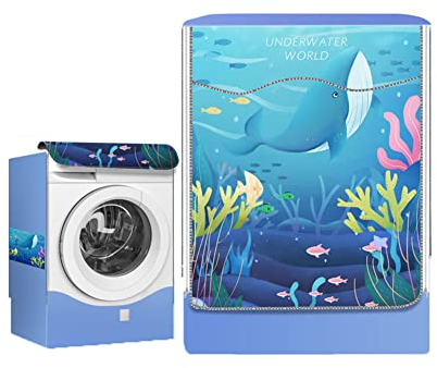 Odot Housse pour Machine à Laver Couverture Lave-Linge Anti-poussière Couverture Tumble Protection Imperméable pour Face Avant de Machine à Laver et Sèche-Linge (XL,baleine bleue)