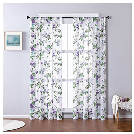 Aotiwe Gardinen Küche Lang, Schlaufenschal Lila Blumenmuster Baumwolle Leinen Polyester 2 Stücke 137X214cm