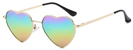 RUNHUIS Polarisiert Herzform Sonnenbrille Damen Herren Hippie Brille Vintage Liebe Sonnenbrille für Festival Party Gold Metallrahmen mit UV400 Gold/Regenbogen gespiegelt