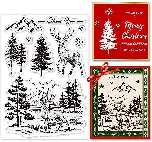 INFUNLY Weihnachten Hirsch Wald Silikon Clear Stamp Schneeflocke Berg Baum Clear Rubber Stamp Weihnachten Hintergrund Stempel Danke Clear Stamps Weihnachtsbaum Stempel Für Kartenherstellung DIY