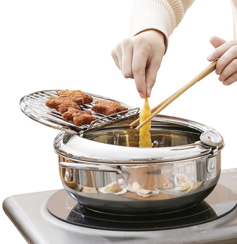 Friteuse Tempura extra large (°C), 27,9 cm/4,2 L avec couvercle, en acier inoxydable 304 avec contrôle de la température et grille de vidange d'huile