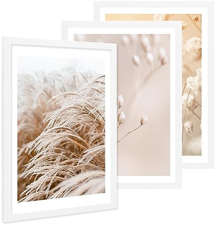 PHOTOLINI Bilderrahmen A2 Weiß Holz MDF, 3er Set breiter A2 Bilderrahmen 42x59,4 zum Aufhängen, Rahmen 42x60 mit bruchsicherem Acrylglas & Zubehör - Poster Frame für Ihre stilvolle Wanddekoration