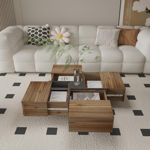 Modern Walnut -Style Square Coffee Table with 4 Drawers | 80x80x35 cm | Multifunctional Coffee Table with Storage for Living Room | Unique Design
