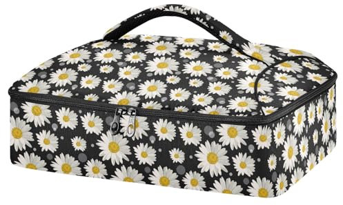 Mnsruu Daisy Black Casserole Carrier for Hot or Cold Food, Insulated Casserole Dish Carrier Bag with Lid, Food Carrier for Travel Party Picnic Tote Bag