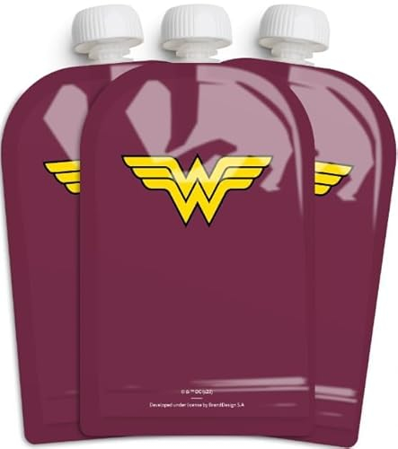 Herobility DC Wonder Women Food Pouch 180ml / 6 Fl Oz - Squeeze Pouches for Baby, Reusable, Sustainable, Leak-Proof Design, Double Zip-Lock, BPA Free - 3 Pack