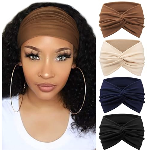 DRESHOW 4 Stück Damen Stirnband Elastische Weiche Stirnbänder Kopfband Haarband Kopf Wickeln Niedlich Haarschmuck für Alltag Yoga Sport Fitness